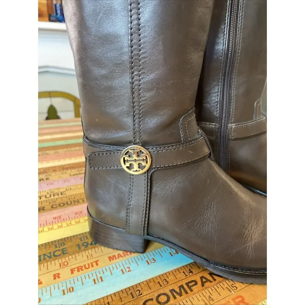 Tory Burch Bristol Brown Leather Riding Harness Boot Size 7 equestrian High